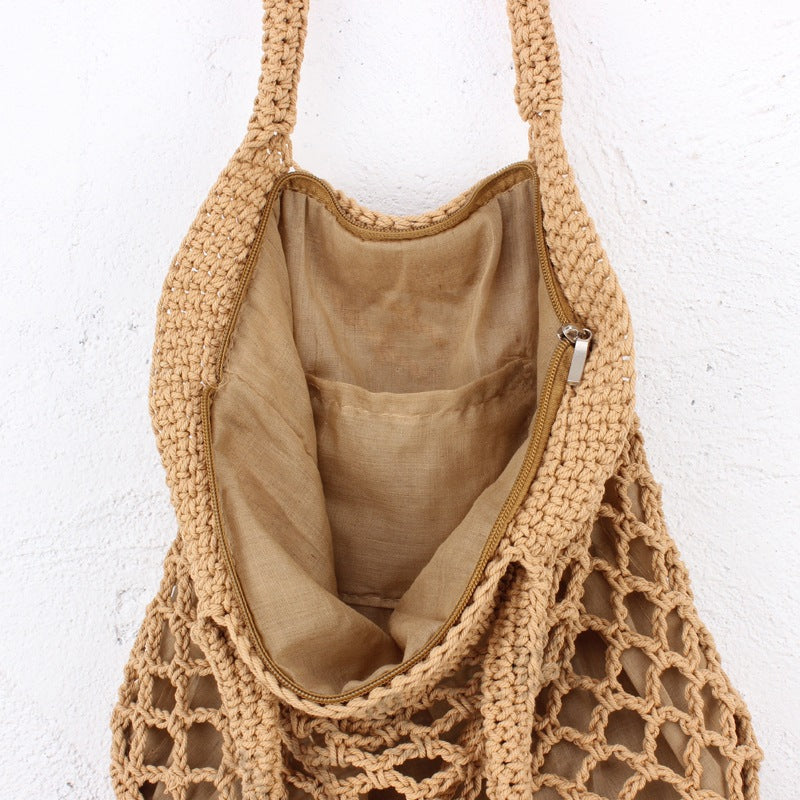 Straw Beach Portable Pure Color Cotton Thread Hand Handbags