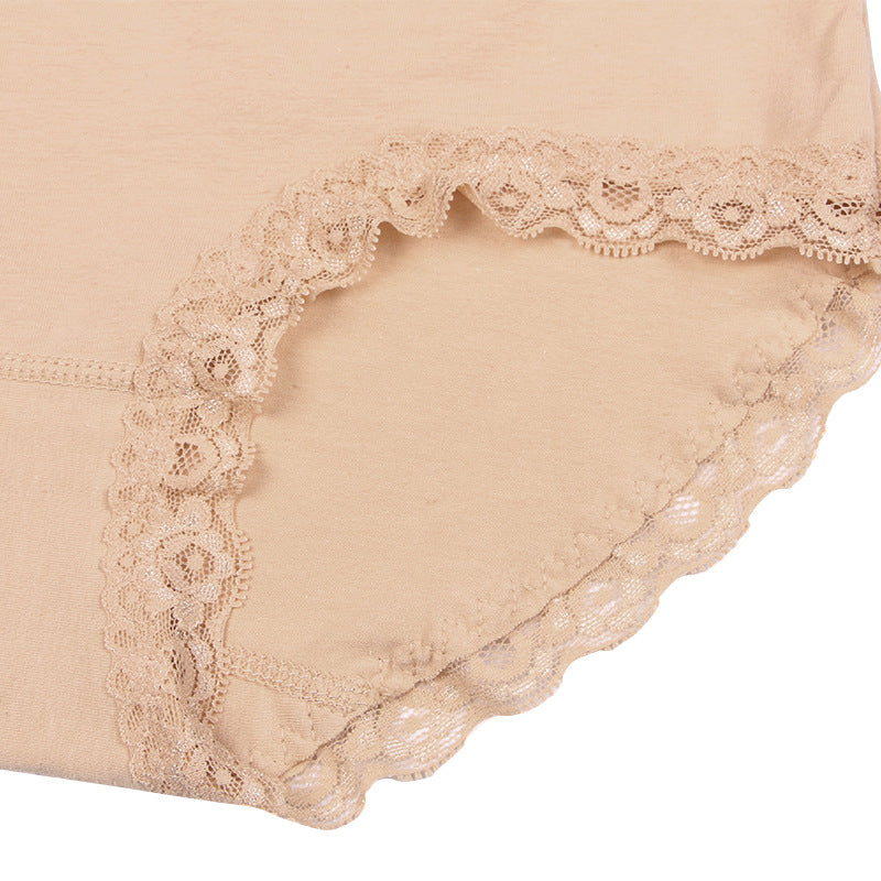 Women's Cotton High-waisted Solid Color Lace Trim Briefs Belly Panties