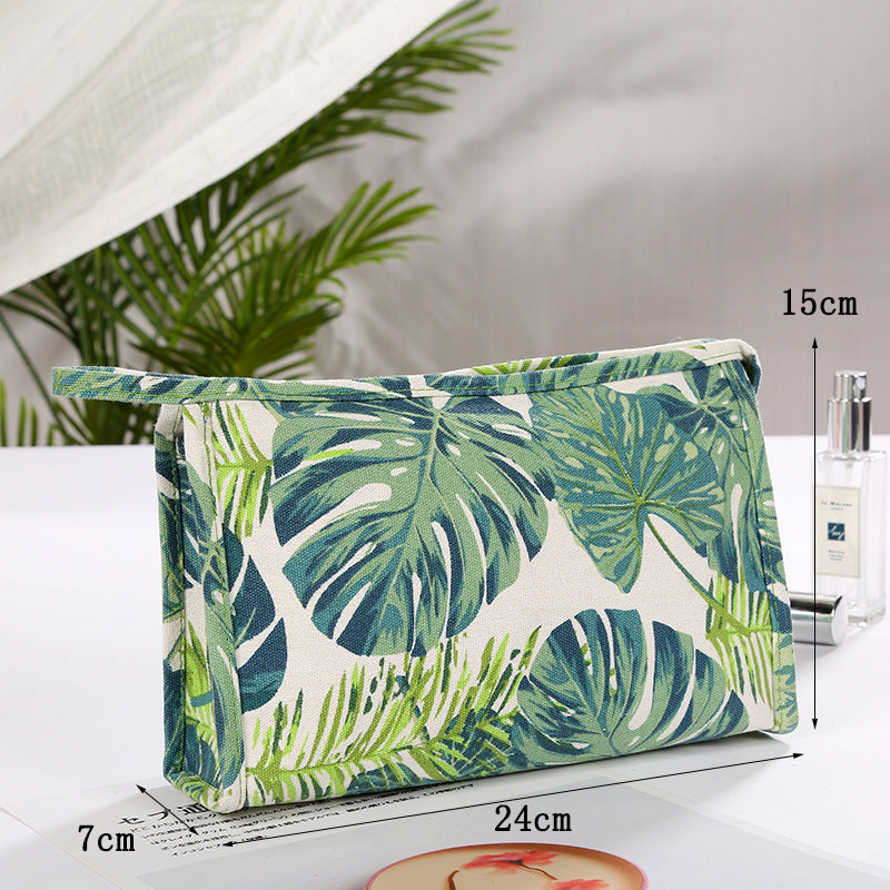 Women's Large Capacity Canvas Storage Monstera Printing Portable Makeup Bag