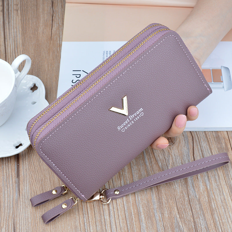 Women's Double Long Zipper Clutch Fashion Simple Lychee Pattern Large Phone Bags