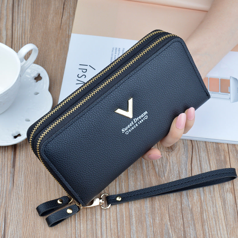 Women's Double Long Zipper Clutch Fashion Simple Lychee Pattern Large Phone Bags