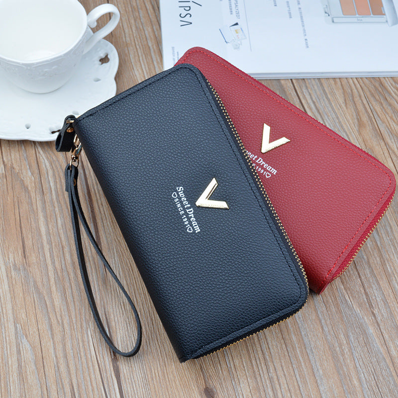 Women's Double Long Zipper Clutch Fashion Simple Lychee Pattern Large Phone Bags