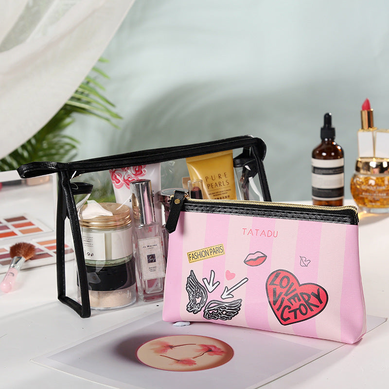 Women's Inkjet Striped Make-up Two-piece Portable Waterproof Buggy Transparent Makeup Bag