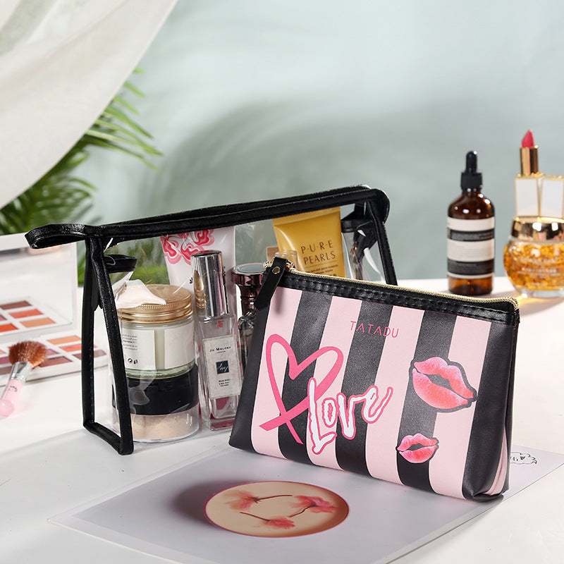 Women's Inkjet Striped Make-up Two-piece Portable Waterproof Buggy Transparent Makeup Bag