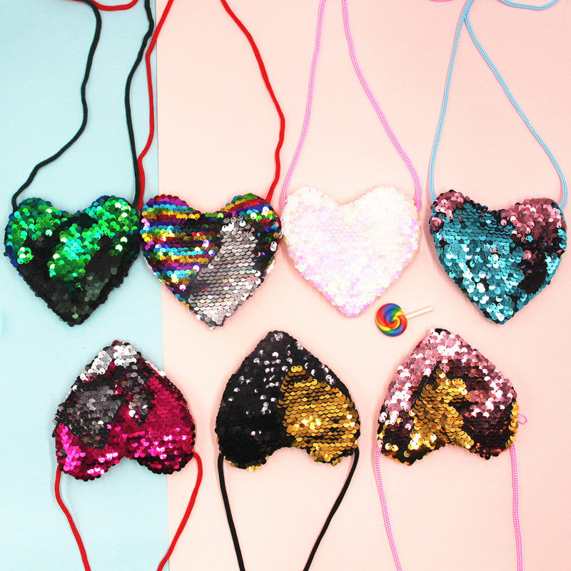 Innovative Children's Trendy Sequined Heart-shaped Lanyard Coin Purses