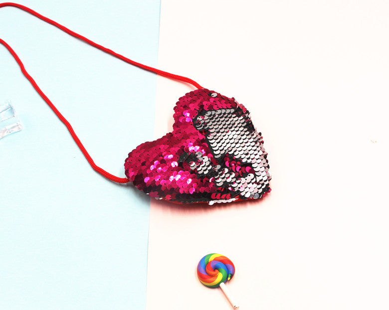 Innovative Children's Trendy Sequined Heart-shaped Lanyard Coin Purses