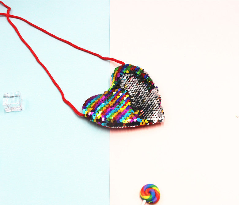 Innovative Children's Trendy Sequined Heart-shaped Lanyard Coin Purses