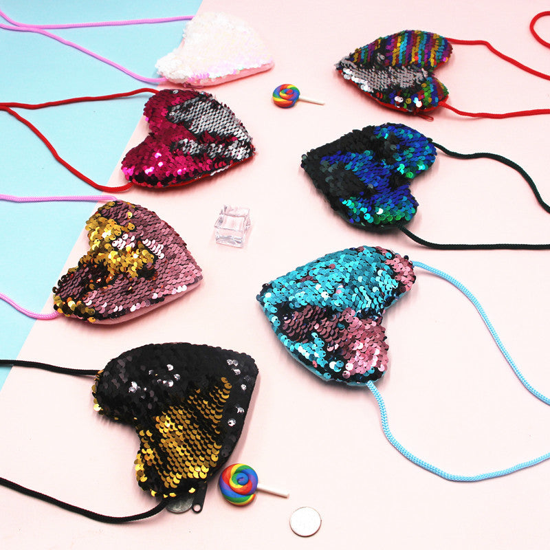 Innovative Children's Trendy Sequined Heart-shaped Lanyard Coin Purses