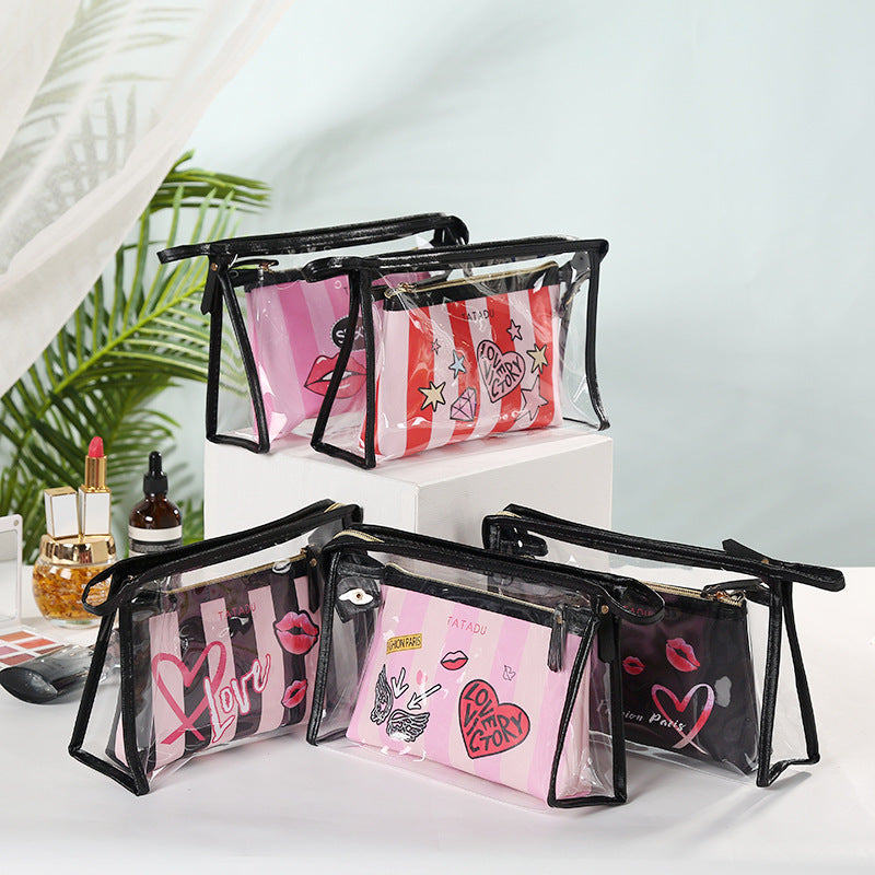Women's Inkjet Striped Make-up Two-piece Portable Waterproof Buggy Transparent Makeup Bag