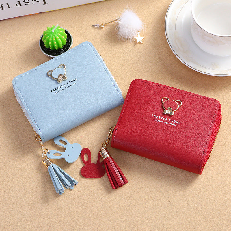 Tassel Female Short Cute Bear Zipper Card Holder