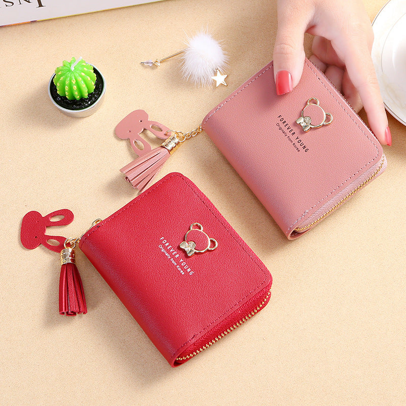 Tassel Female Short Cute Bear Zipper Card Holder