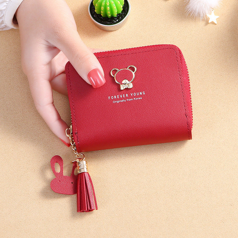 Tassel Female Short Cute Bear Zipper Card Holder