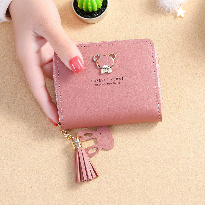 Tassel Female Short Cute Bear Zipper Card Holder