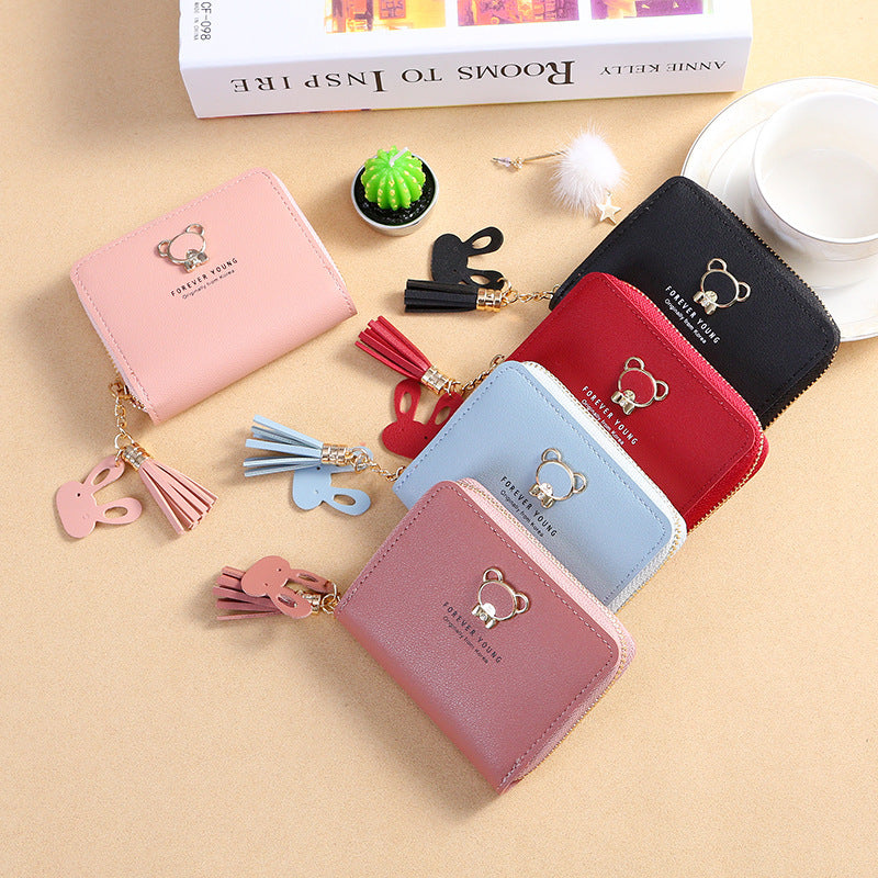 Tassel Female Short Cute Bear Zipper Card Holder