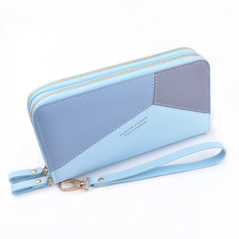 Women's Long Double Zip Clutch Fashion Stitching Contrast Color Large Capacity Ladies Wallets