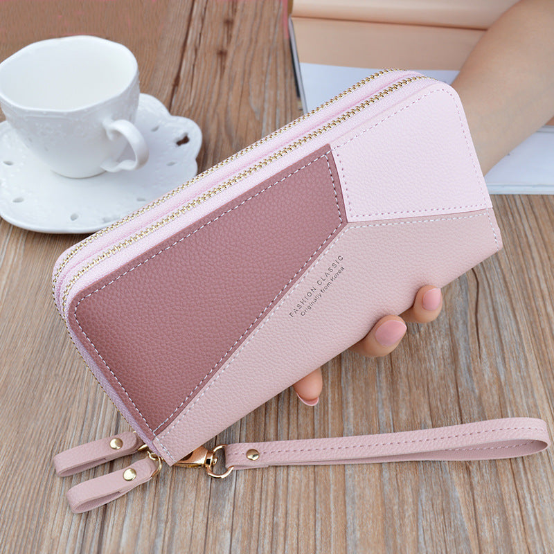 Women's Long Double Zip Clutch Fashion Stitching Contrast Color Large Capacity Ladies Wallets