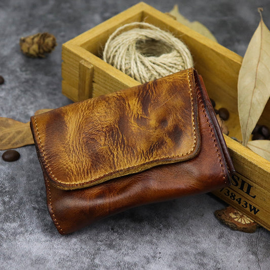 Cowhide Creative Expanding Clamp Retro Worn Looking Washed-out Simple Coin Purses