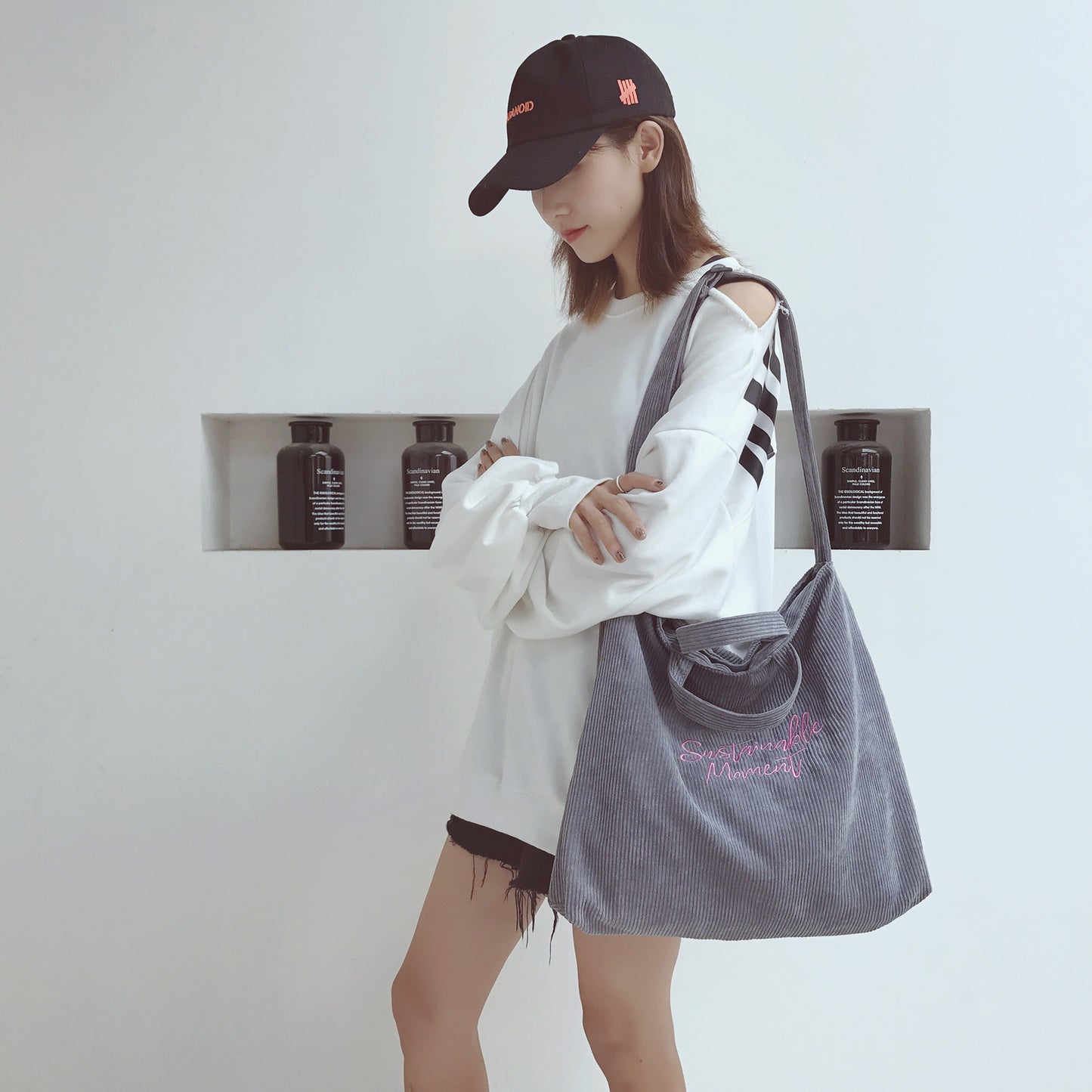 Women's Corduroy Artistic Embroidered Letter Retro College Shoulder Bags