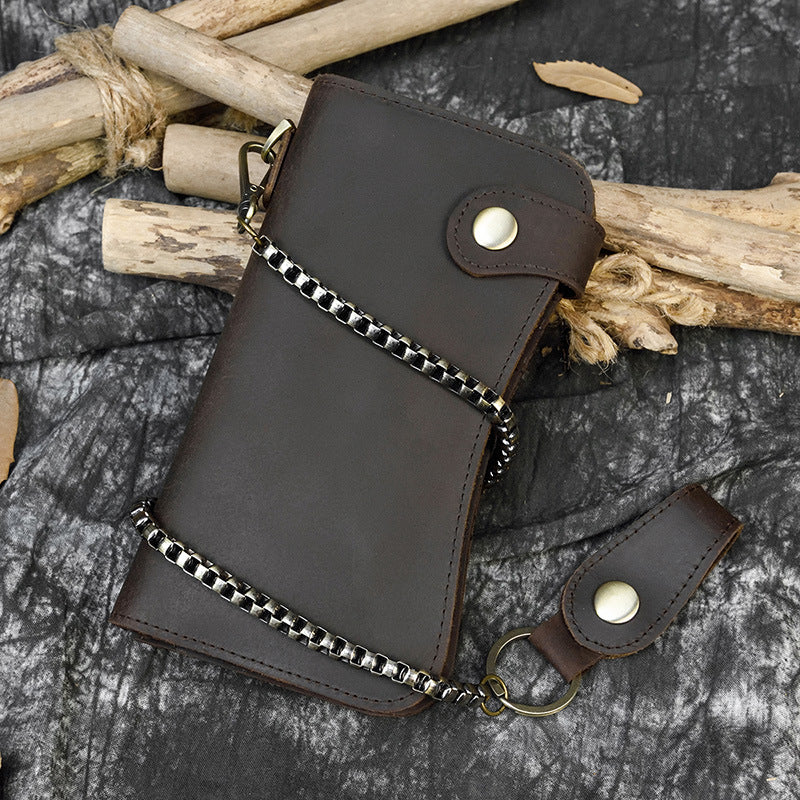 Men's Crazy Horse Leather Long Iron Chain Clutch Multi Men's Wallet