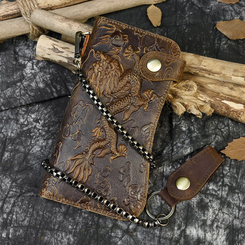 Men's Crazy Horse Leather Long Iron Chain Clutch Multi Men's Wallet