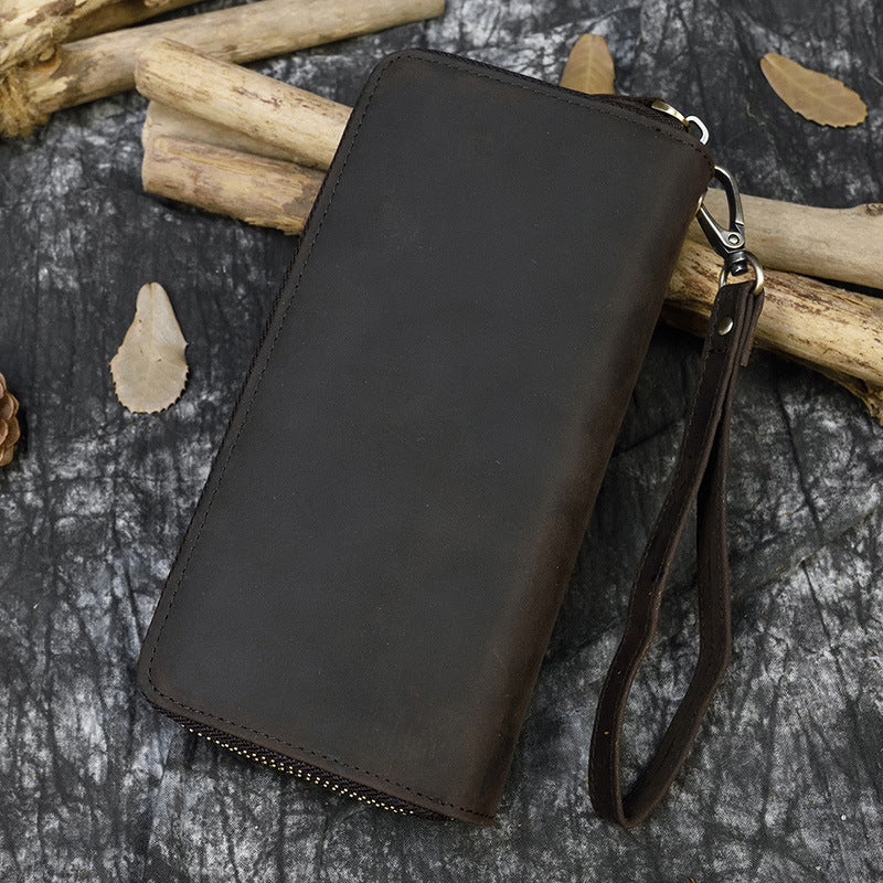 Men's Crazy Horse Leather Long Real Zipper Cowhide Clutch Men's Wallet
