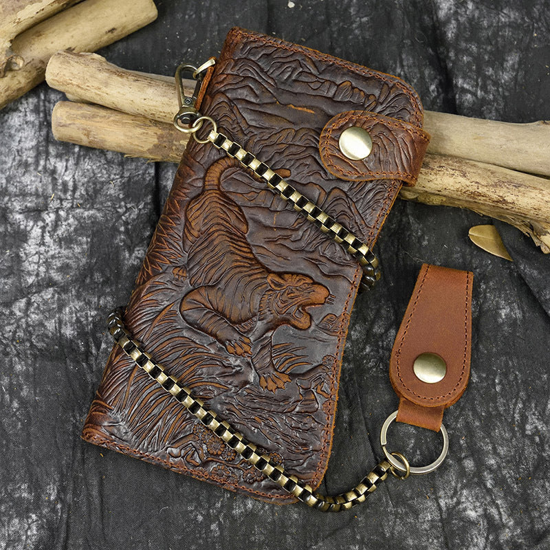 Men's Crazy Horse Leather Long Iron Chain Clutch Multi Men's Wallet
