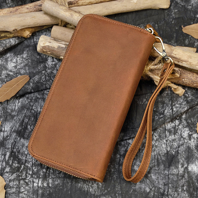 Men's Crazy Horse Leather Long Real Zipper Cowhide Clutch Men's Wallet
