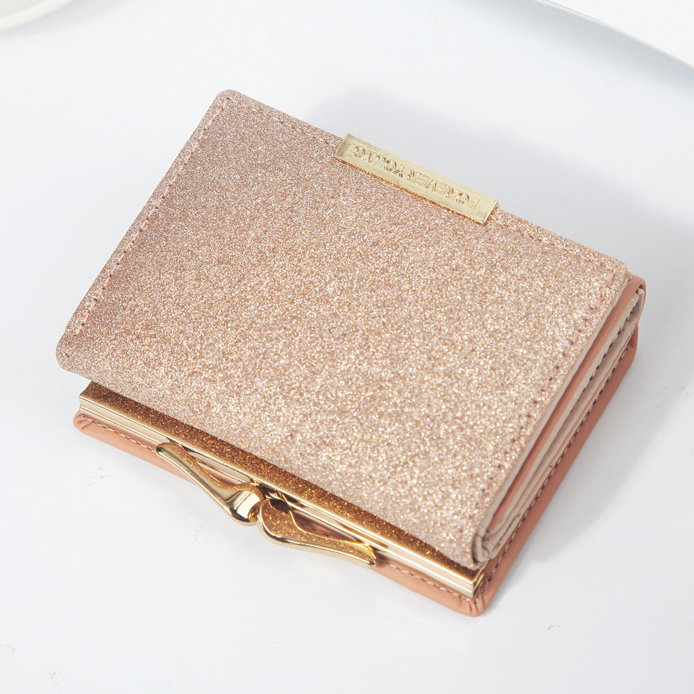 Women's Short Bright Leather Tri Fold Metal Coin Purses