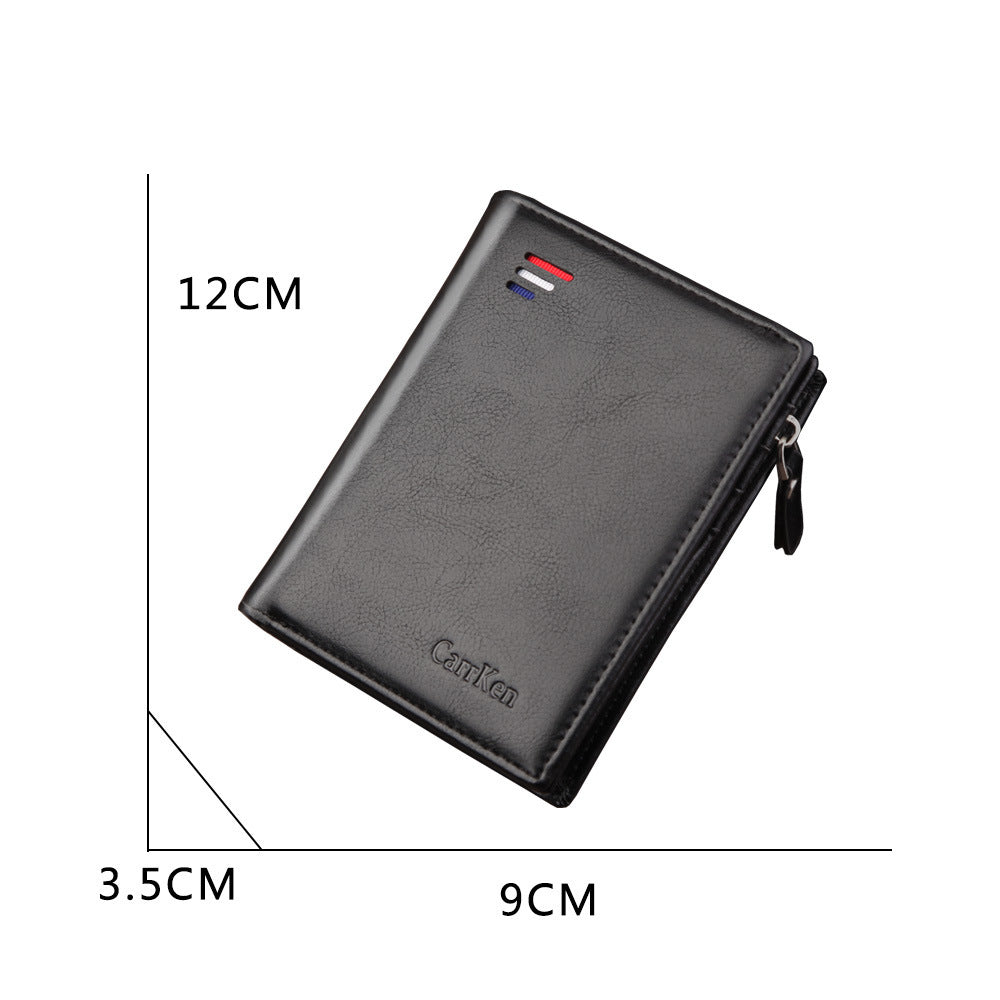 Men's Short Leather Zipper Vintage Wax Green Vertical Men's Wallets