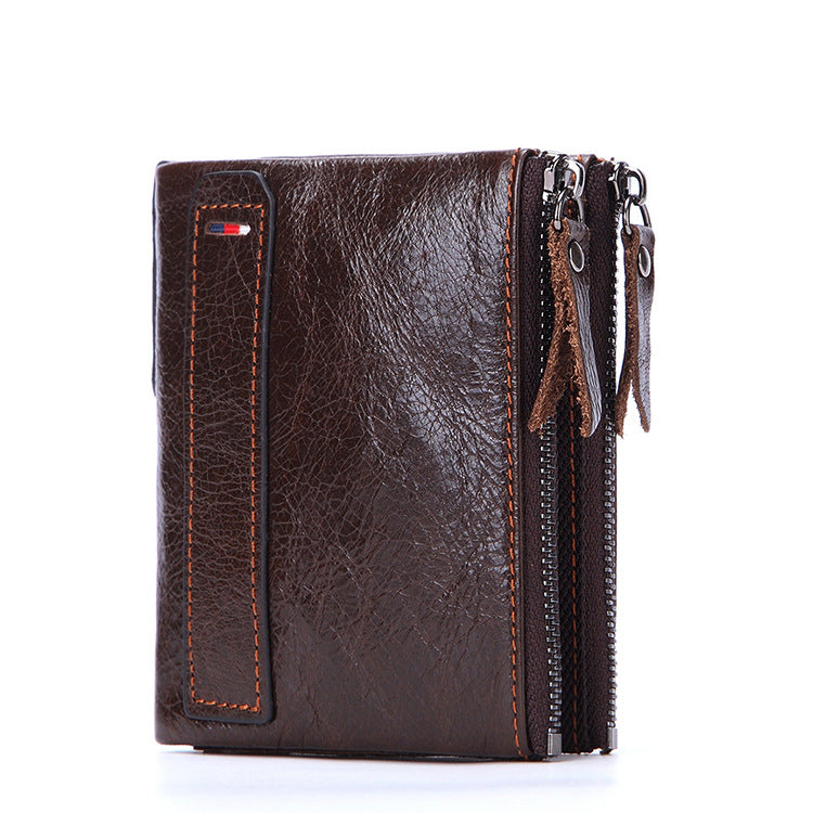 Men's Swiping Cowhide Leather Short Double Zipper Men's Wallets