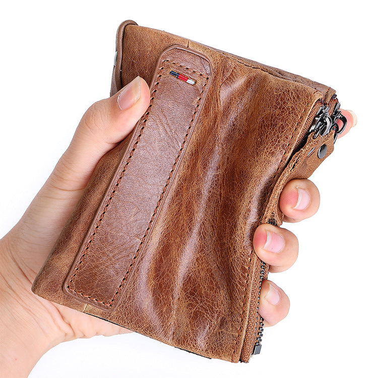 Men's Swiping Cowhide Leather Short Double Zipper Men's Wallets