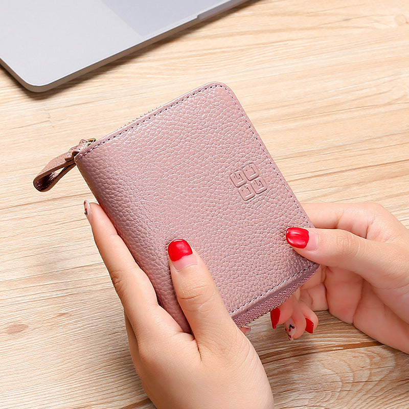 Swiping Genuine Leather Multifunctional Zipper Top Layer Litchi Grain Card Holder
