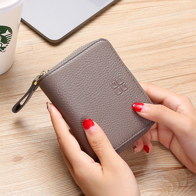 Swiping Genuine Leather Multifunctional Zipper Top Layer Litchi Grain Card Holder