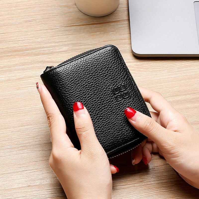 Swiping Genuine Leather Multifunctional Zipper Top Layer Litchi Grain Card Holder