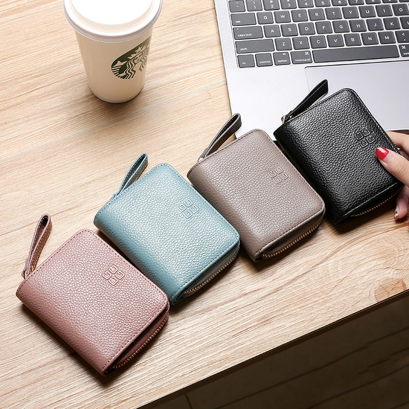 Swiping Genuine Leather Multifunctional Zipper Top Layer Litchi Grain Card Holder