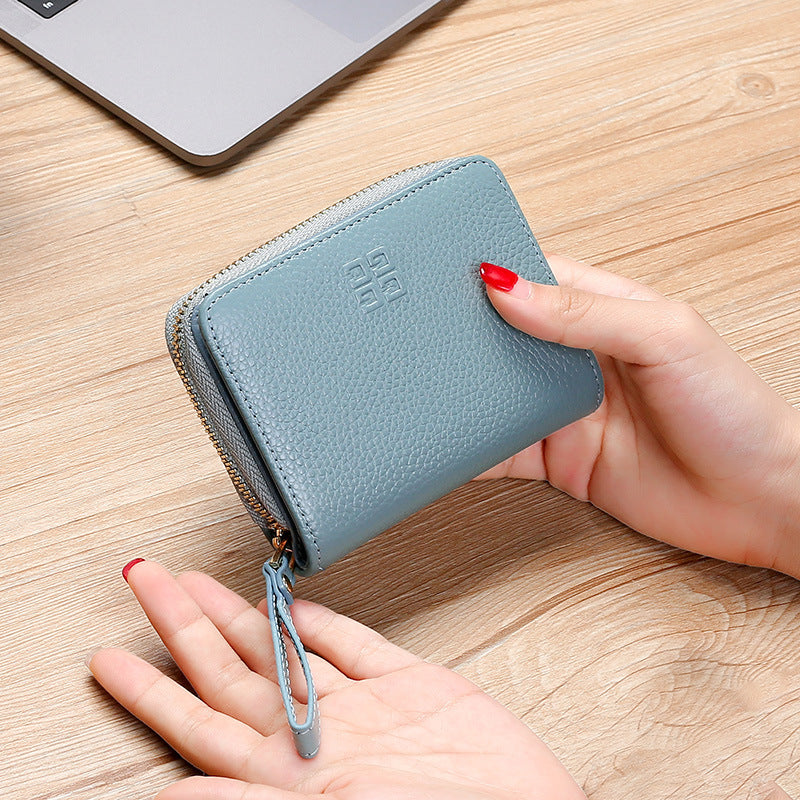 Swiping Genuine Leather Multifunctional Zipper Top Layer Litchi Grain Card Holder