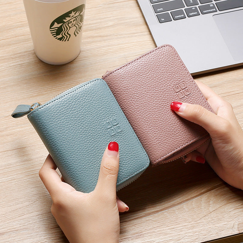 Swiping Genuine Leather Multifunctional Zipper Top Layer Litchi Grain Card Holder