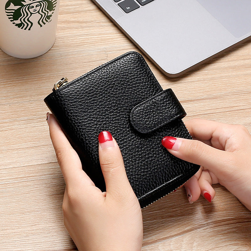 Swiping Genuine Leather Multifunctional Zipper Top Layer Litchi Grain Card Holder