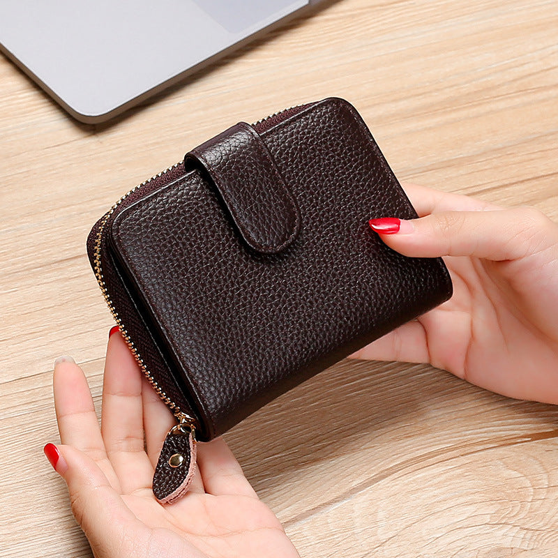 Swiping Genuine Leather Multifunctional Zipper Top Layer Litchi Grain Card Holder