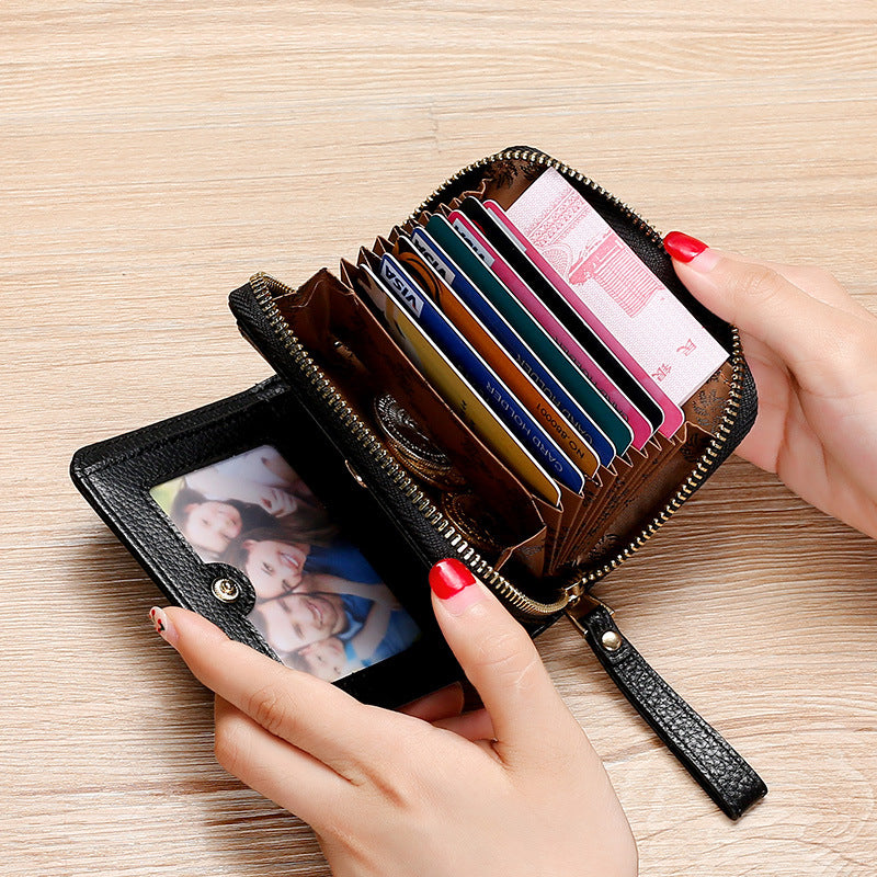 Swiping Genuine Leather Multifunctional Zipper Top Layer Litchi Grain Card Holder
