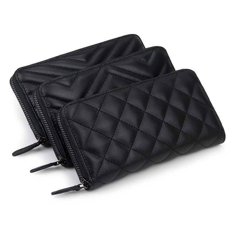 Women's Sheepskin Long Rhombus Zipper Fashion Clutch Bags