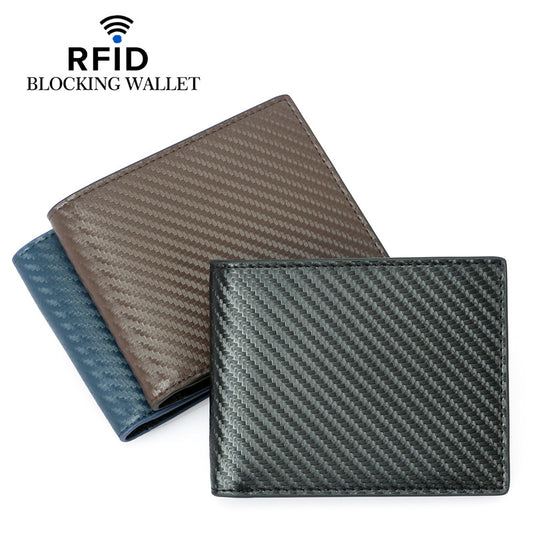 Carbon Fiber Pattern Swiping Short Top Layer Leather For Men's Wallets