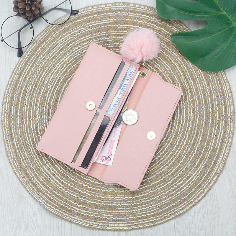 Women's Fashion Long Solid Color Fur Ball Ladies Wallets