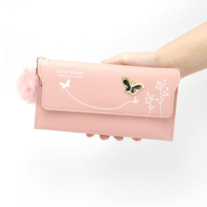 Women's Fashion Long Solid Color Fur Ball Ladies Wallets