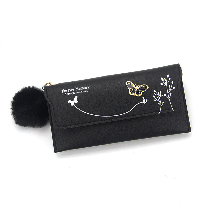 Women's Fashion Long Solid Color Fur Ball Ladies Wallets