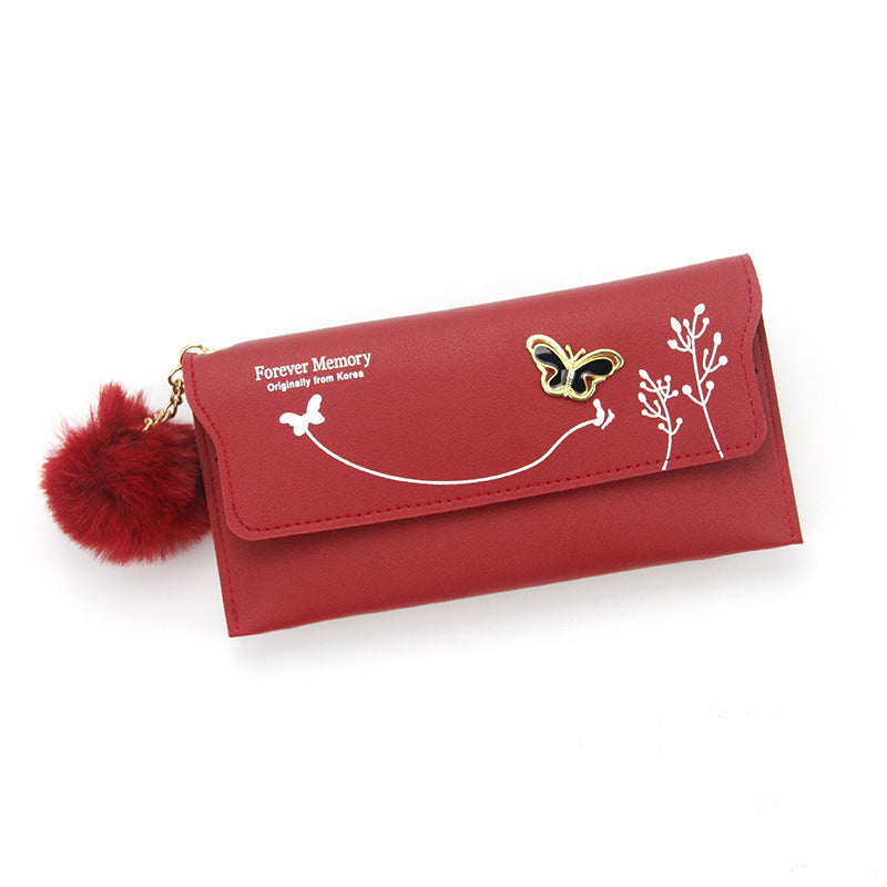 Women's Fashion Long Solid Color Fur Ball Bow Card Holder