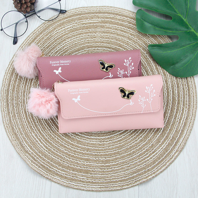 Women's Fashion Long Solid Color Fur Ball Ladies Wallets