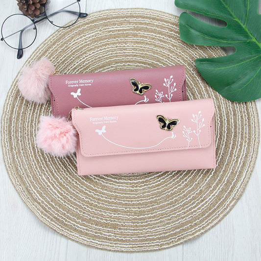 Women's Fashion Long Solid Color Fur Ball Ladies Wallets