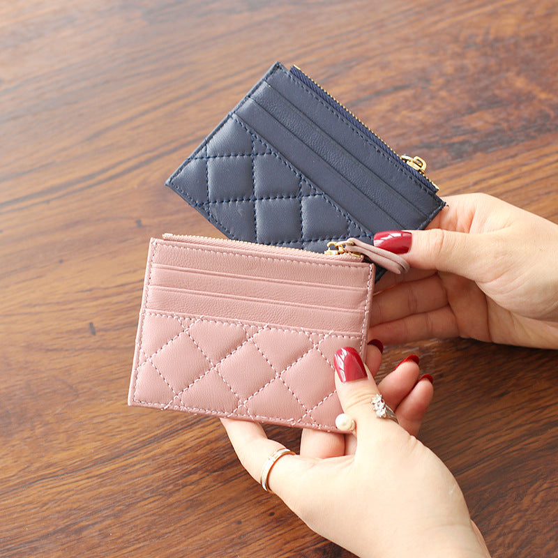Women's Soft Lambskin Short Classic Style Rhombus Card Holder