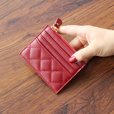 Women's Soft Lambskin Short Classic Style Rhombus Card Holder